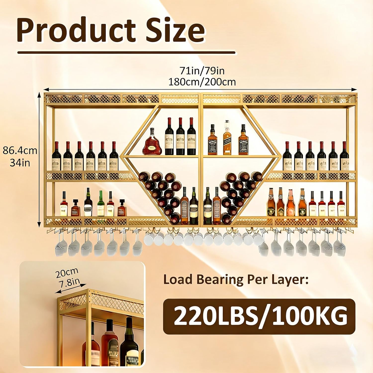 Wall Mounted Wine Rack, 71 Inch, 3-Tier Metal Bottle Shelf with Wine Glass Holder and LED Lights, Industrial Style for Home Bar, Restaurant (Gold, 71in)