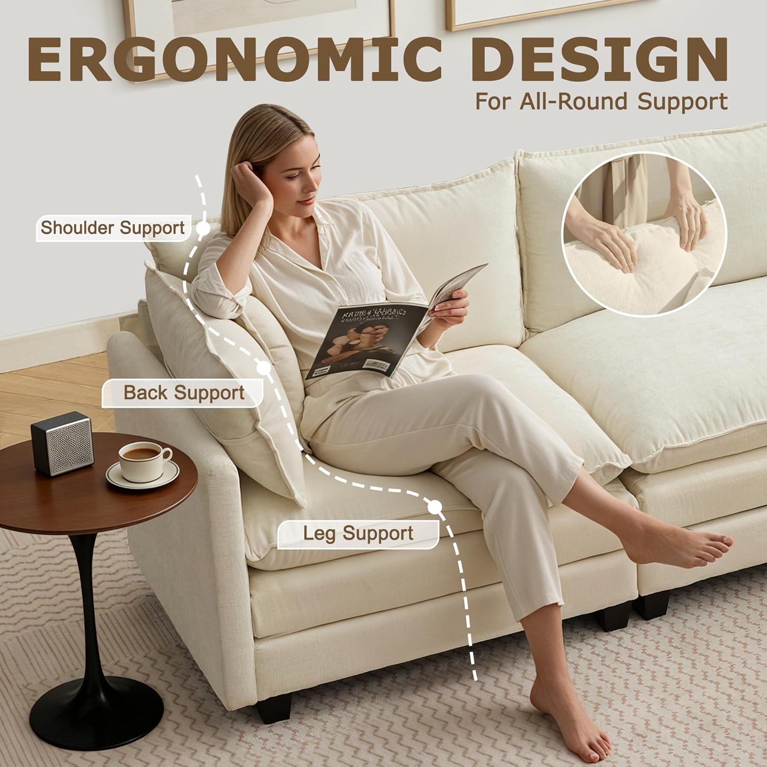 113" Modular Sectional Sofa, L Shaped Cloud Couch with Ottoman | Comfy Chenille Deep Seat Sofa with Throw Pillows, 4 Seat Modern Couches for Living Room Bedroom Apartment, Beige, 113" L