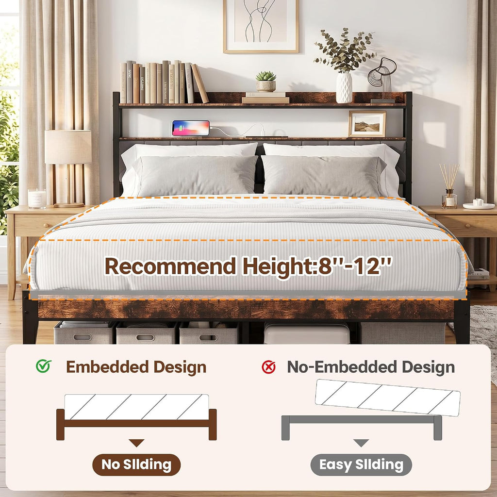 King Bed Frame with Charging Station & 2-Tier Storage Headboard, Grey