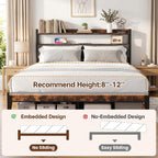 King Bed Frame with Charging Station & 2-Tier Storage Headboard, Grey
