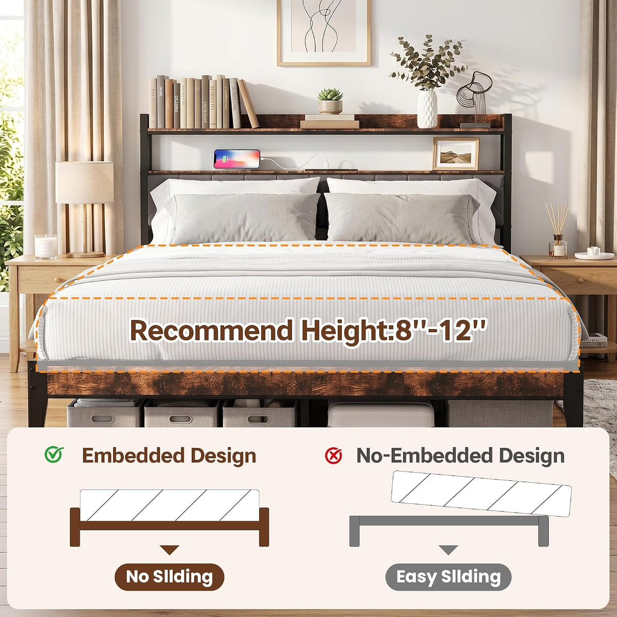 King Bed Frame with Charging Station & 2-Tier Storage Headboard, Grey