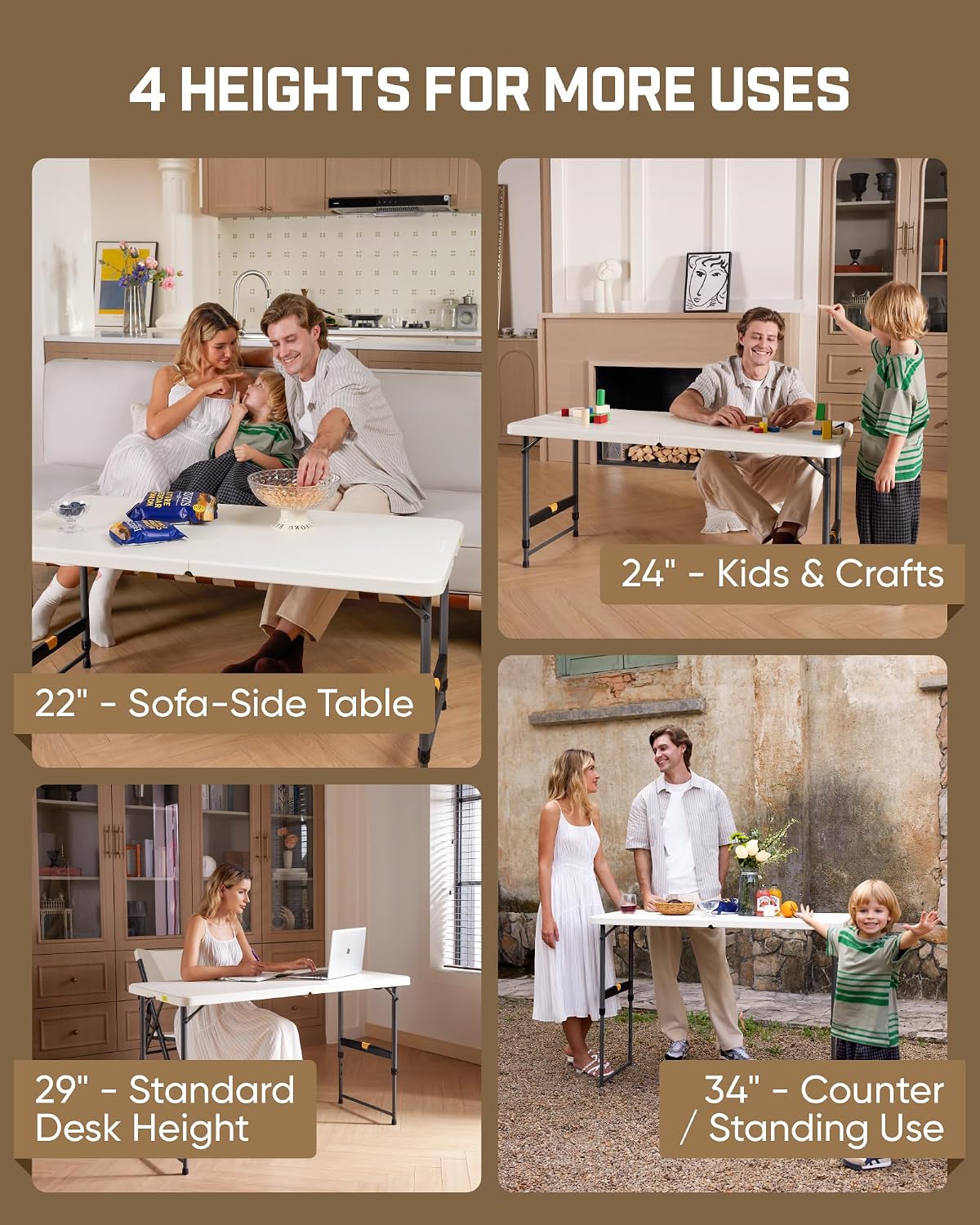 FanttikOutdoor Folding Table 4 Foot Quick Adjust Portable Plastic 4 Heights | Effortless Adjustable Height Small Card Table, Fixing Lock, Indoor Outdoor Use for Party Camping, 1 Pack White Zeta X4 Pro