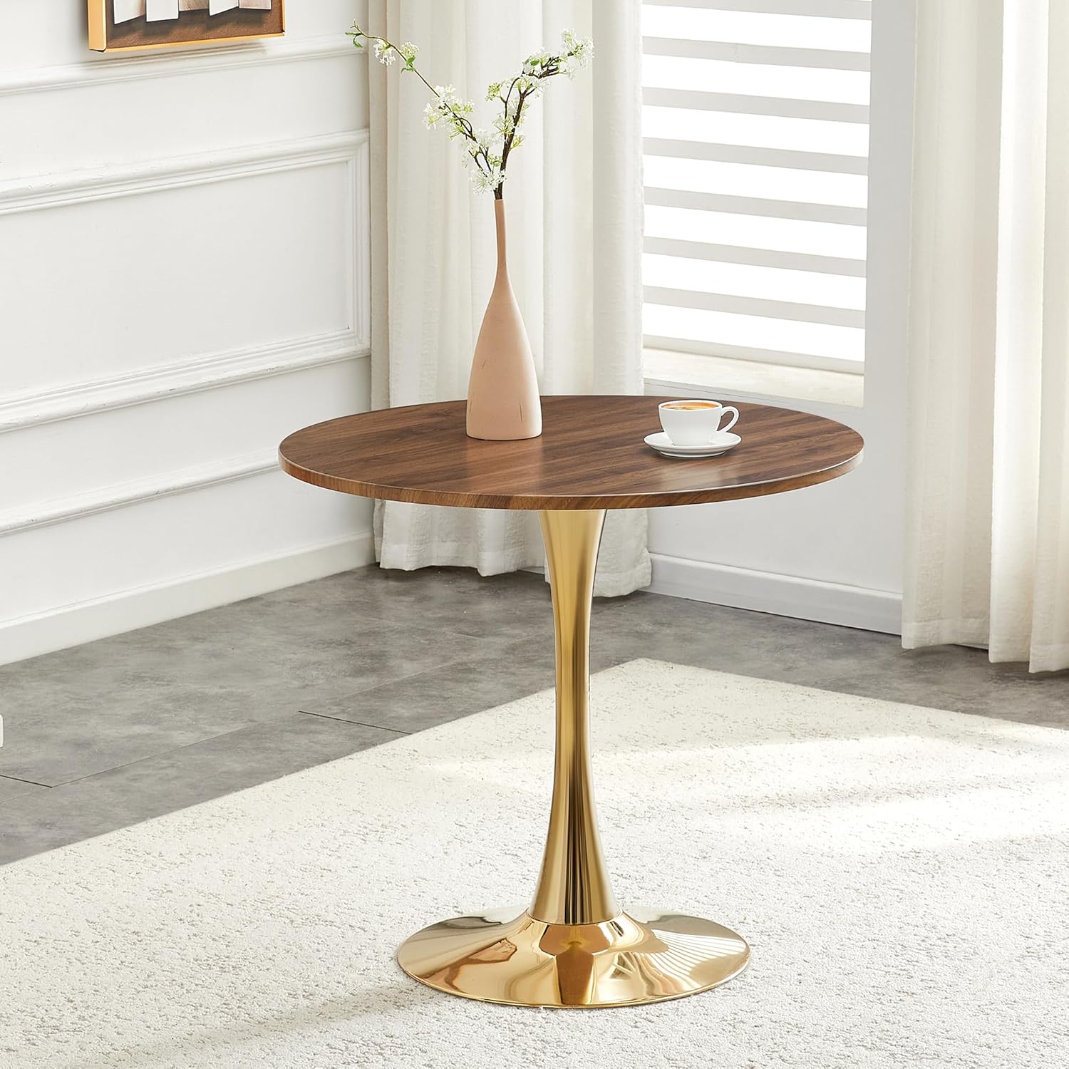 31.5 Inch Small Round Dining Table for 2-4 Person, Circle Tulip Table with Faux Walnut MDF Top and Gold Metal Base,Mid Century Modern Bistro Table for Kitchen, Small Places,Living Room, Cafe