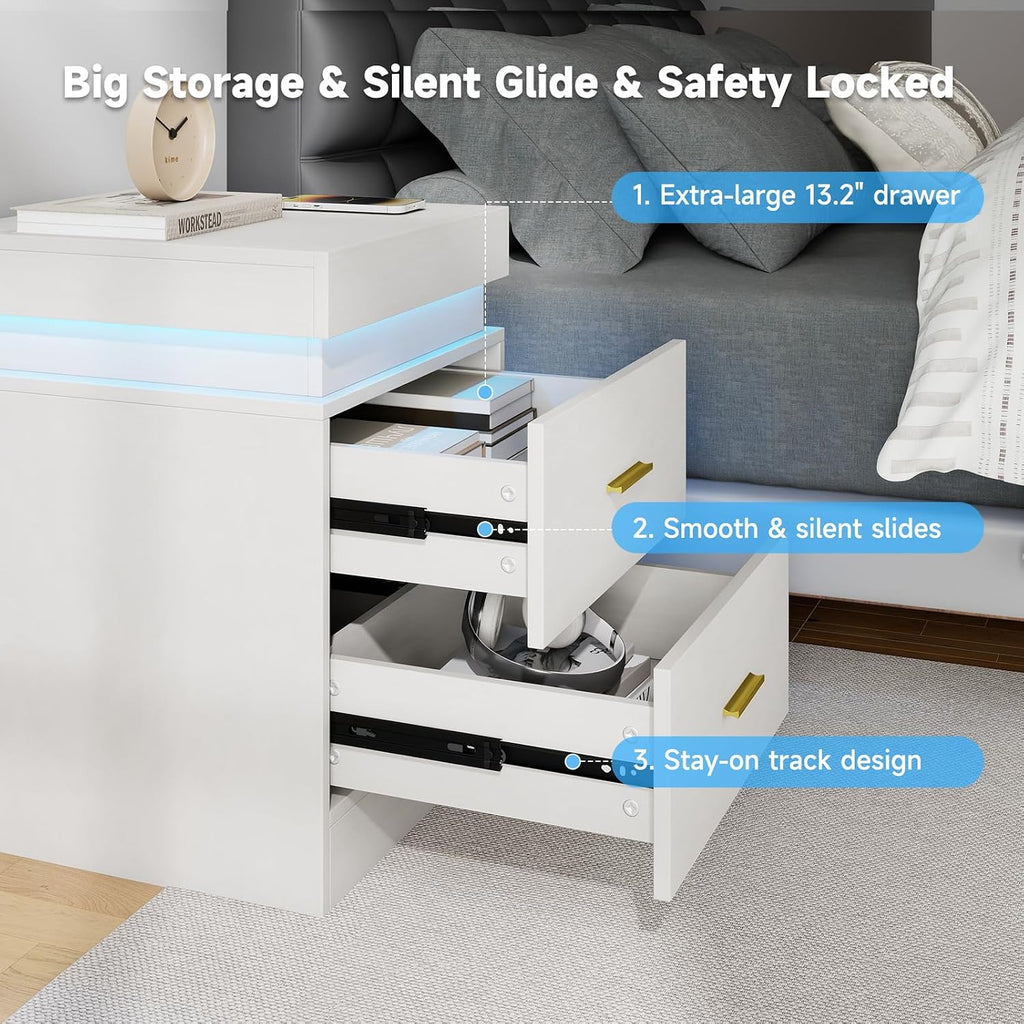 Night Stand Set of 2, 18'' LED Nightstand with Charging Station, Modern Wooden Bedside Table with Hidden Drawer, Sliding Top & 2 Drawers, White End Side Table for Bedroom Living Room