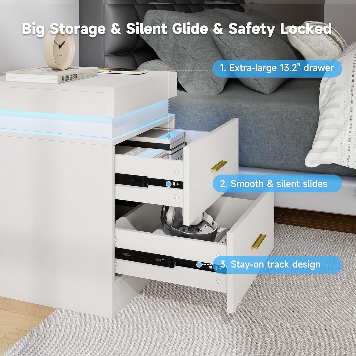Night Stand Set of 2, 18'' LED Nightstand with Charging Station, Modern Wooden Bedside Table with Hidden Drawer, Sliding Top & 2 Drawers, White End Side Table for Bedroom Living Room