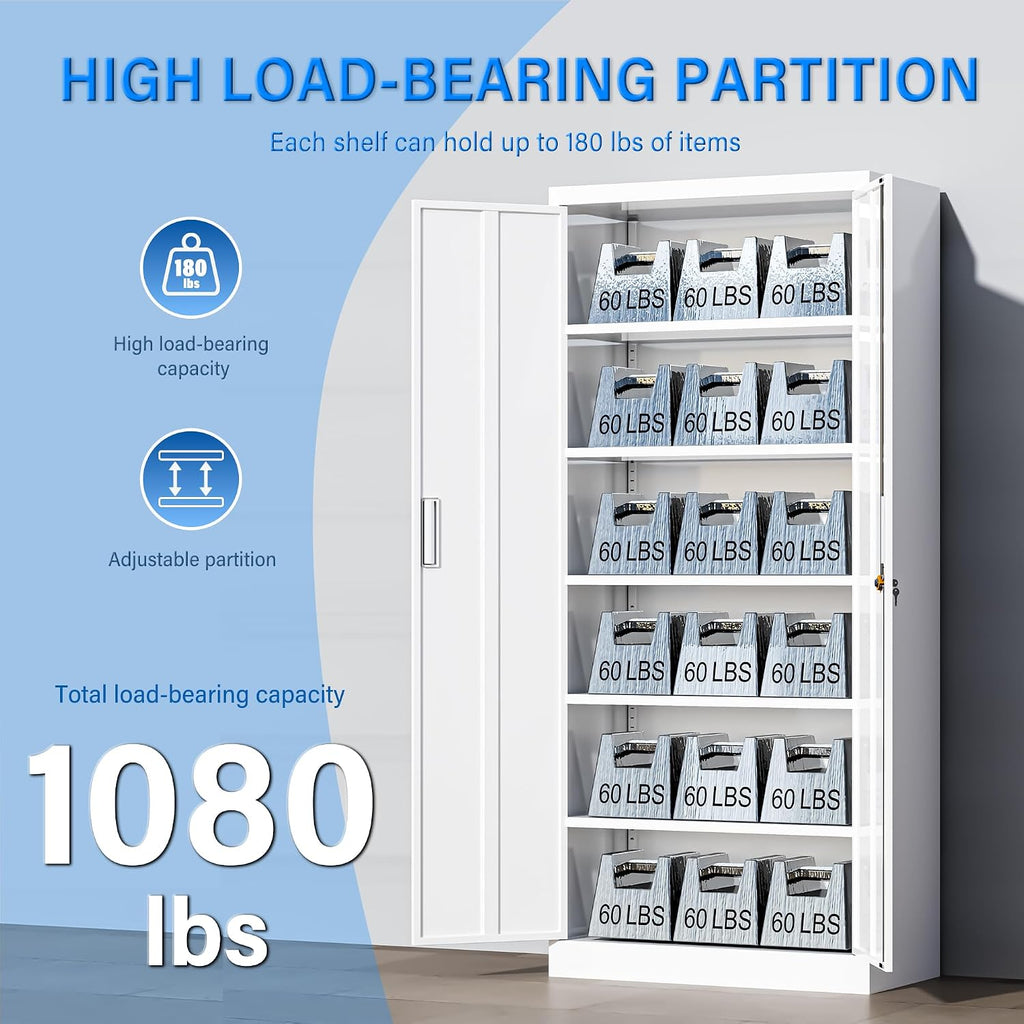 BESFUR Metal Storage Cabinets with Locking Doors and Adjustable Shelves, 71" H Steel Storage Cabinet for Garage, Office, Classroom - White