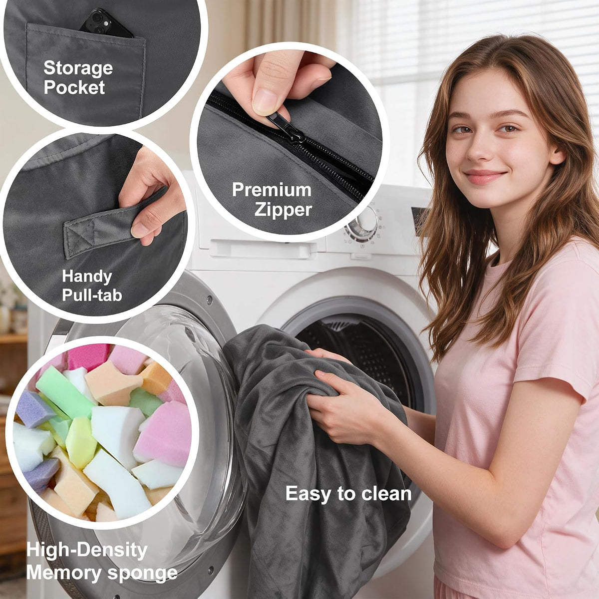 Homguava 6FT Bean Bag Chairs for Adults,Giant Adult Bean Bag Chair,BeanBag | Large Beanbag Chair with Foam Filled,Bean Bag Sofa with Handle&Pocket,Washable Velvet Cover Bedroom,Living Room-Grey
