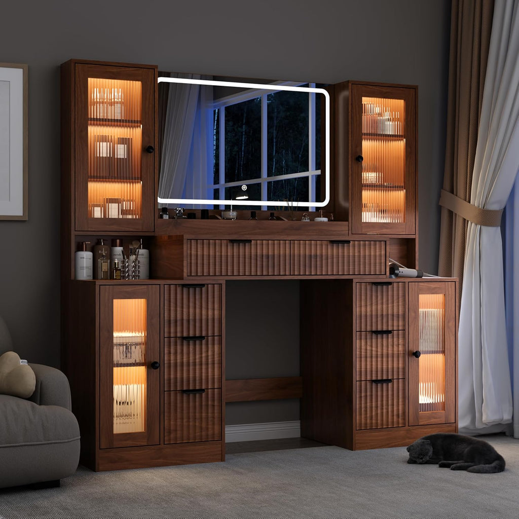 55" Vanity Desk with Mirror & Lights, Fluted Makeup Vanity with 8 Drawers & 4 Cabinets, Tempered Glass Top, RGB Cabinet Lighting, 3-Color Dimmable Mirror, and Charging Station