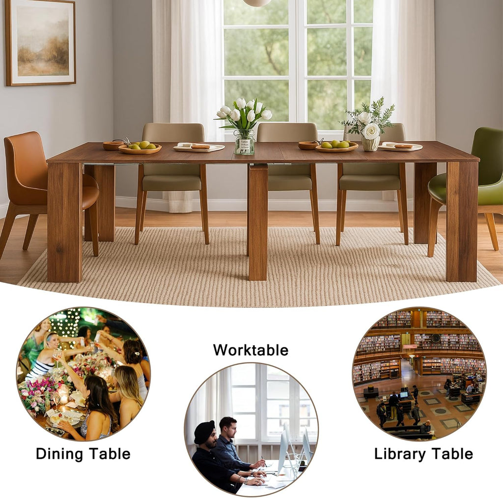 Extendable Dining Table, Transformer Folding Console Table for 2-12 People, Space Saving Dining Room Table for Apartments & Homes, Walnut