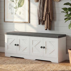 Apicizon Storage Bench with Seat Cushion, 2 Tier Entryway Bench with 4 Barn Doors, Adjustable Shelves, 47.36" Shoe Bench for Entryway Hallway Bedroom Living Room, Beige White