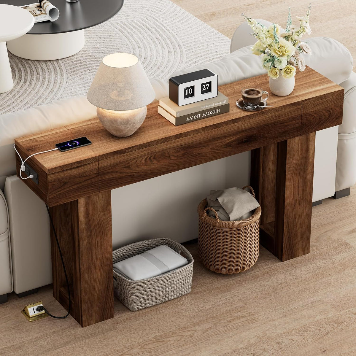63 Inch Long Console Table w/Outlets & USB Ports, Narrow Rectangular Sofa Table Behind The Couch, Farmhouse Entryway Table for Entrance, Hallway, Living Room(Brown with Outlet)