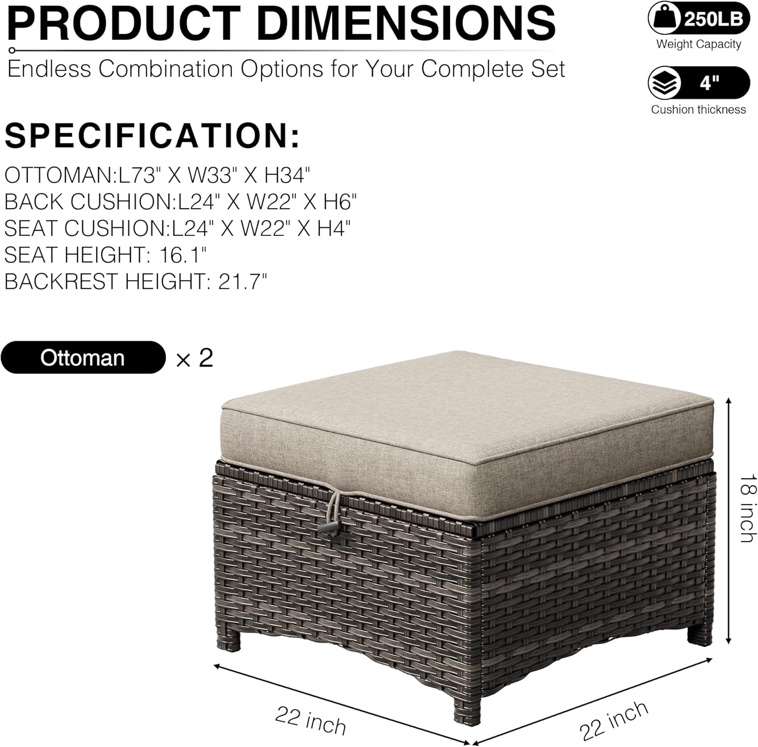 Joyside Outdoor Ottoman Set of 2, Patio Large Ottoman Foot Rest with Thickened Cushions, Outdoor Wicker Foot Stool for Porch, Deck Use