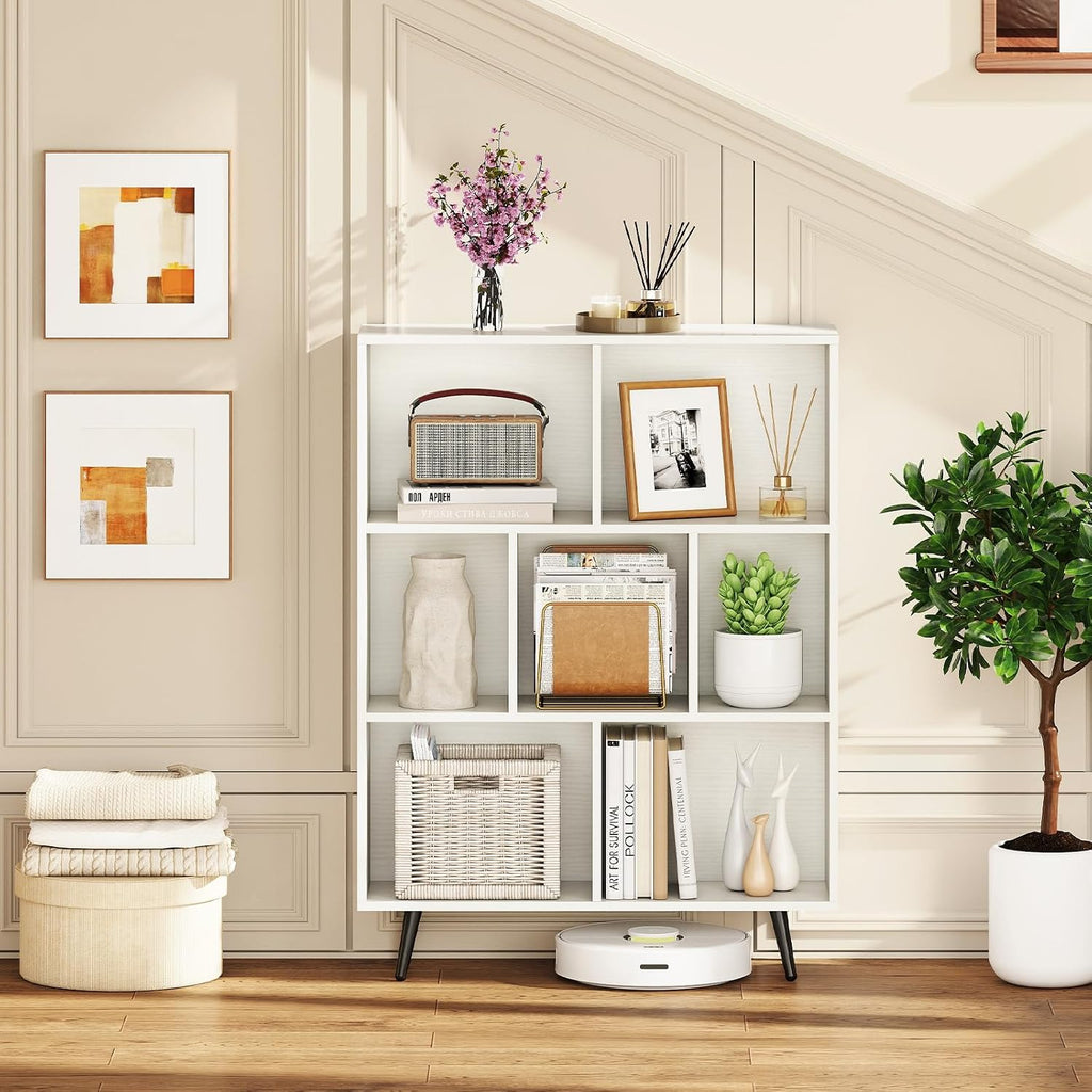 Giantex 7-Cube Bookcase, 3-Tier Modern Bookshelf with 4 Metal Legs, 31.5" Freestanding Open Storage Organizer with 2 Anti-tip Devices, Mid-Century Display Rack for Living Room (31.5" x 9.5" x 42")