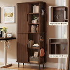 71" Tall Fluted Pantry Cabinet, Mid-Century Modern Kitchen Pantry Storage Cabinet with 2 Pegboards, 10 Hooks, Freestanding Cupboard with 4 Adjustable Shelves, Sliding Doors for Dining Room