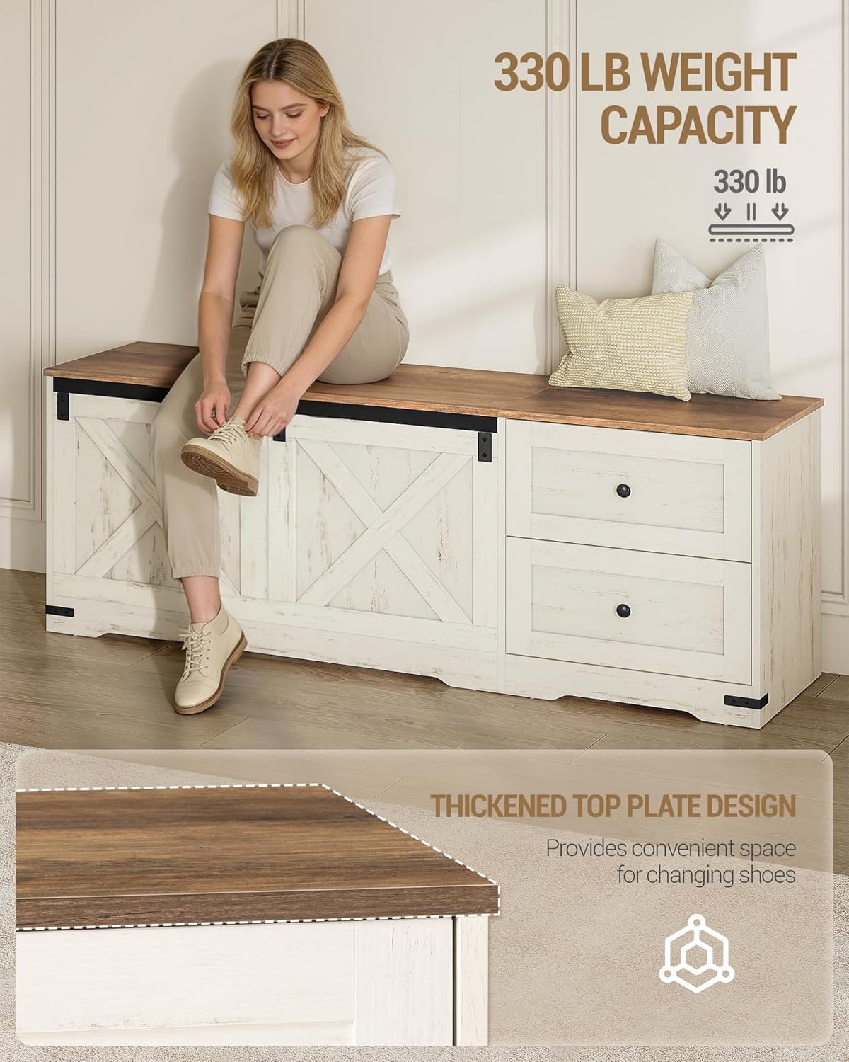 Hzuaneri Storage Chest, 58" Extra Large Storage Bench with Double Drawers, Farmhouse Style Wooden Chest Bench with Barn Door, Large Trunk for Living Room, Bedroom, or Entryway, Antique White SB15114X
