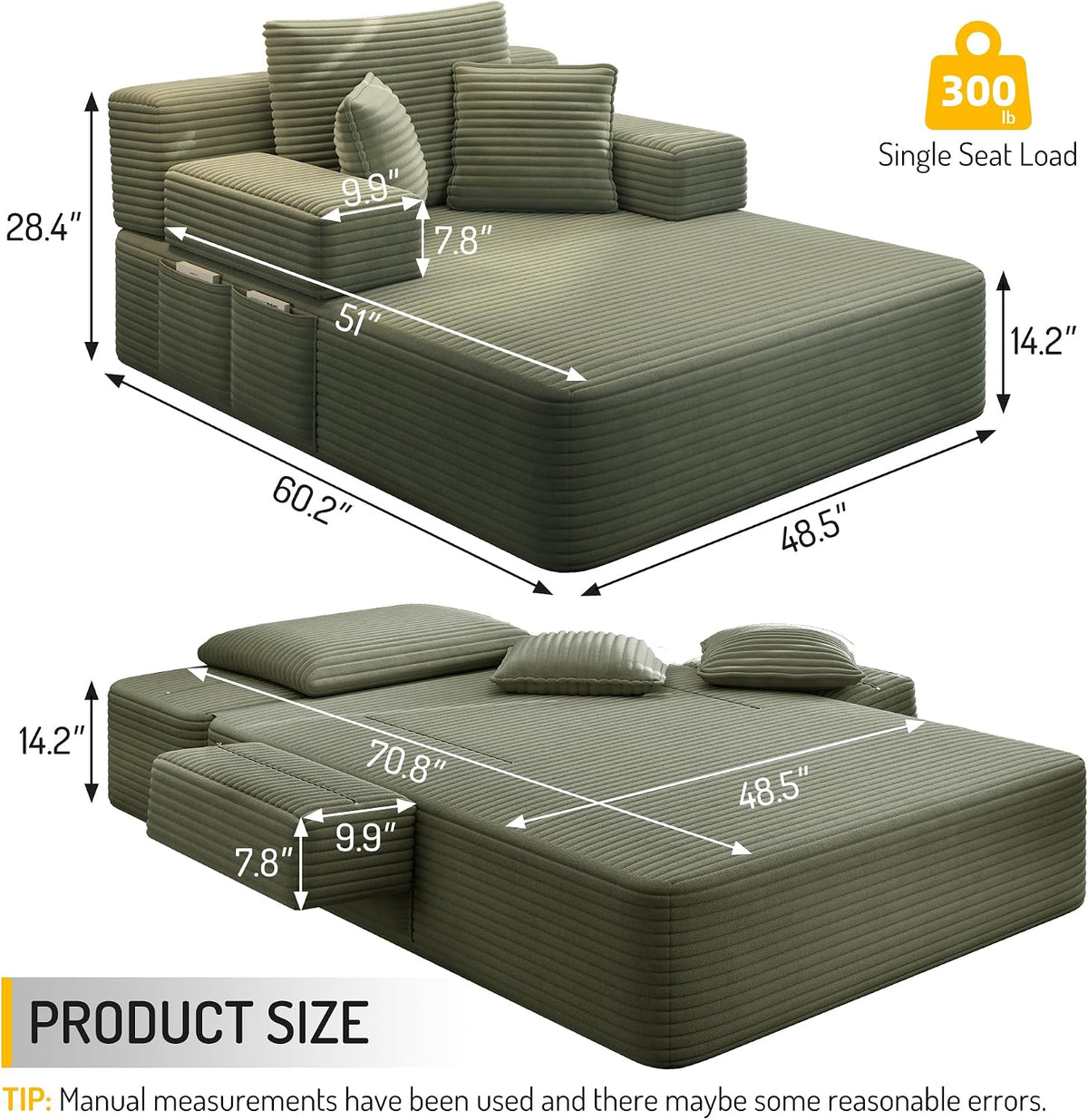 60.2 Inch Chaise Lounge Chair Indoor, Oversized Chaise Lounge with Adjustable Backrest and Armrests, Luxurious Corduroy Convertible Sofa Bed with Storage Pocket for Small Spaces, Apartment (Green)