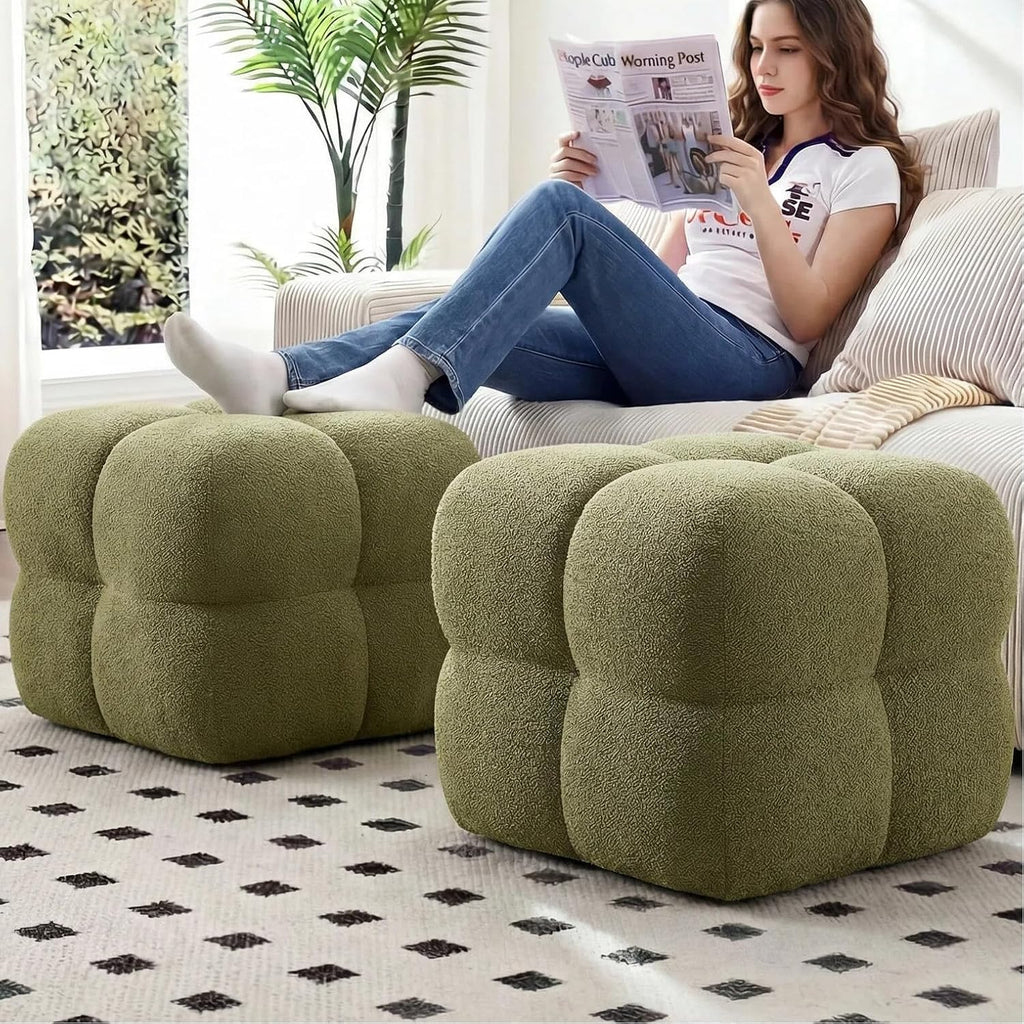 Zesthouse Square Pouf Ottomans Set of 2, Modern Vanity Chair for Bedroom | Boucle Fabric Foot Rest for Couch, Upholstered Tufted Footstool, Poofy Ottoman Seat for Living Room Dorm Fluffy Ottoman Green
