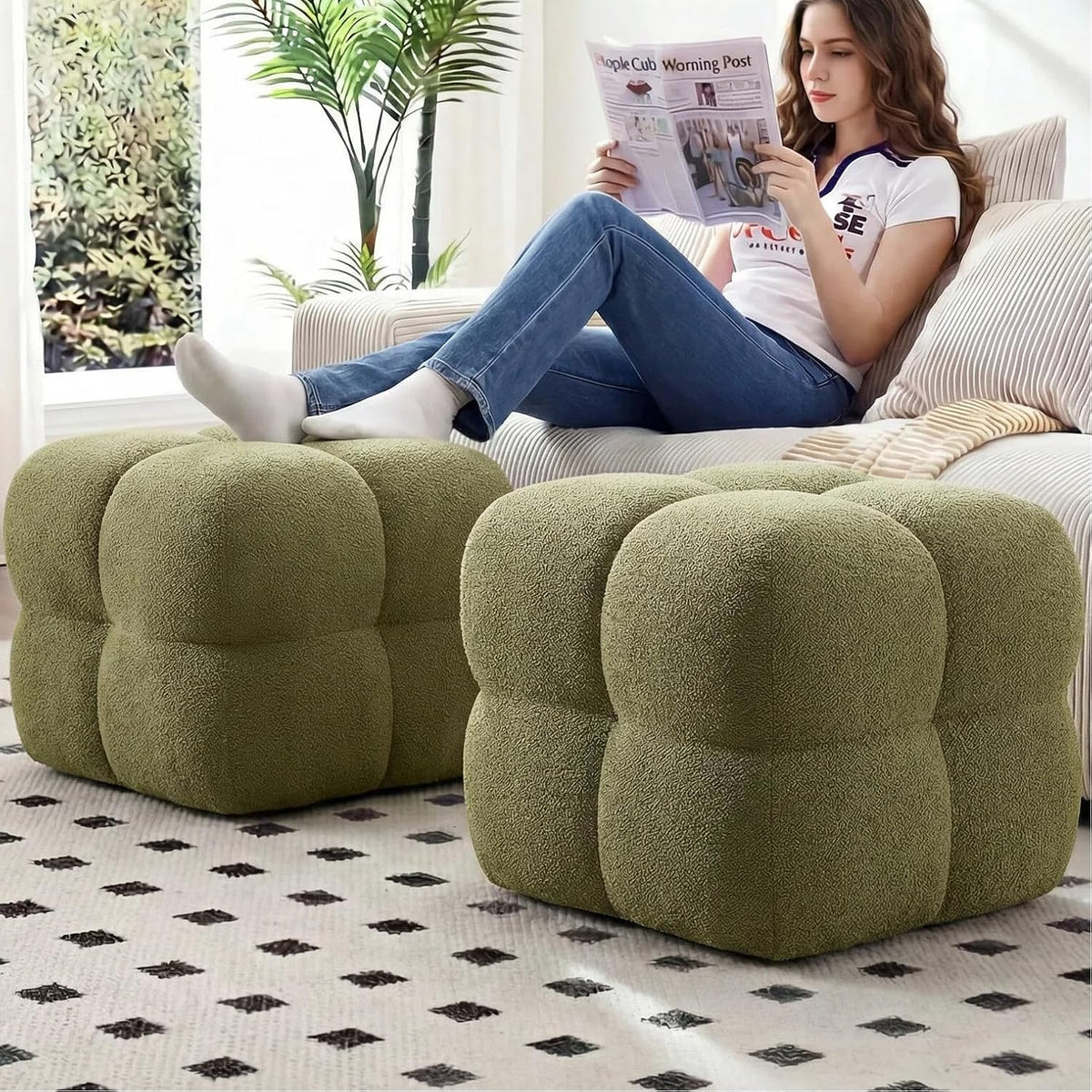Zesthouse Square Pouf Ottomans Set of 2, Modern Vanity Chair for Bedroom | Boucle Fabric Foot Rest for Couch, Upholstered Tufted Footstool, Poofy Ottoman Seat for Living Room Dorm Fluffy Ottoman Green