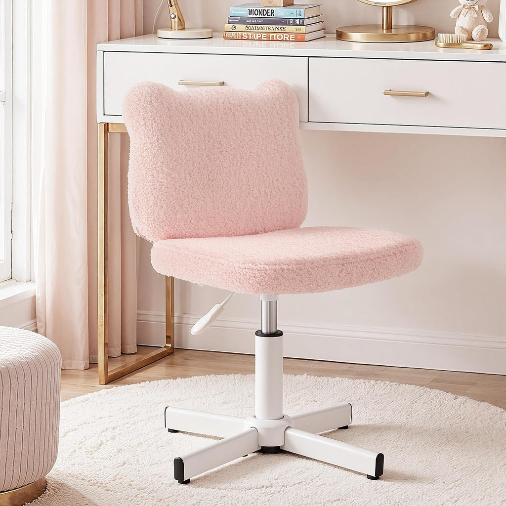 LUE BONA Upgraded Cute Bear Ear Vanity Chair for Teen Girls, Height Adjustable 13.8"-18.9" 360° Swivel Stool with Back Support, Stain Resistant Black Foot Caps, Teddy Velvet, 350lbs, Light Pink