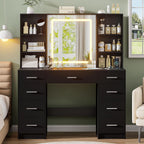 Black Vanity Desk with Mirror and Lights,Makeup Vanity with 9 Drawers, 6 Shelves & Power Outlet,Touch Screen Mirror Dressing Vanity Table, 3 Color Adjustable, Girls Vanity, Bedroom