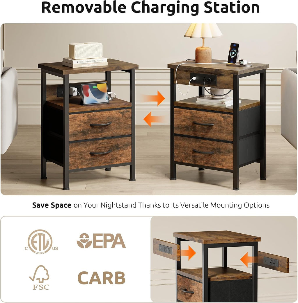 Lazzanto Night Stand with Charger Station for Bedroom, Brown Nightstand | Bedside Table, Open Shelf, 2 Fabric Drawers, Built in USB-A, USB-C Port & AC Outlets, For Dorm, Living Room, Bedroom