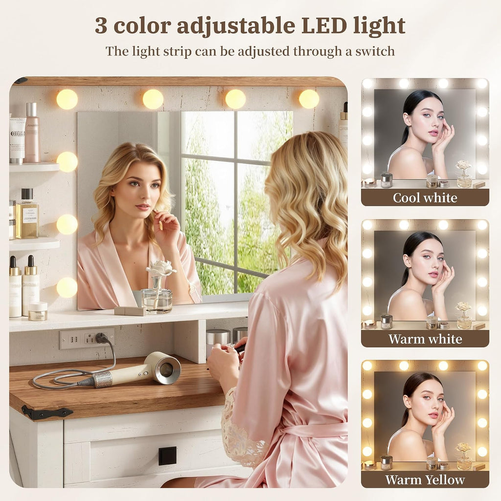 EnHomee Farmhouse Vanity Desk, Mirror & Lights, Women Bedroom, White