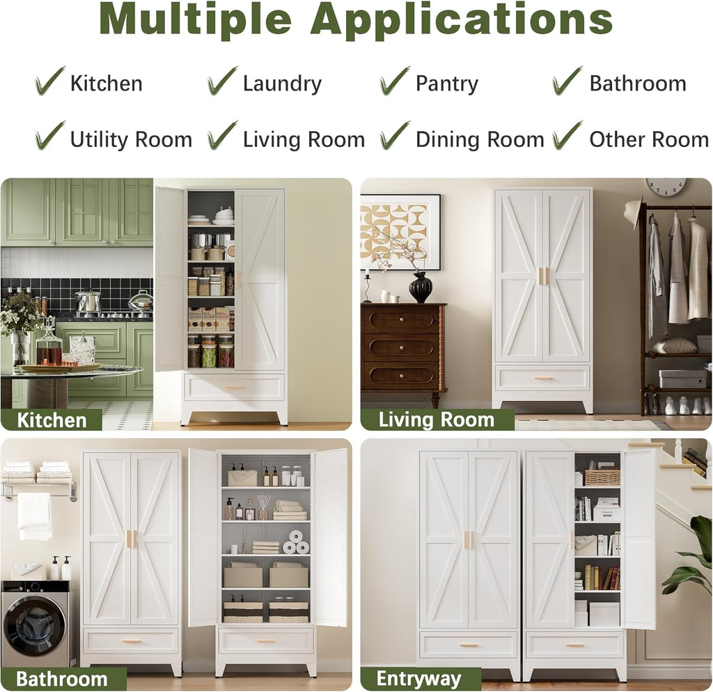 COFaR Metal Storage Cabinet, Farmhouse Storage Cabinet with 2 Doors and 4 Adjustable Shelves - 71" White Kitchen Pantry Storage 5-Tier Tall Steel Cabinets Locker for Kitchen, Living Room, Dining Room