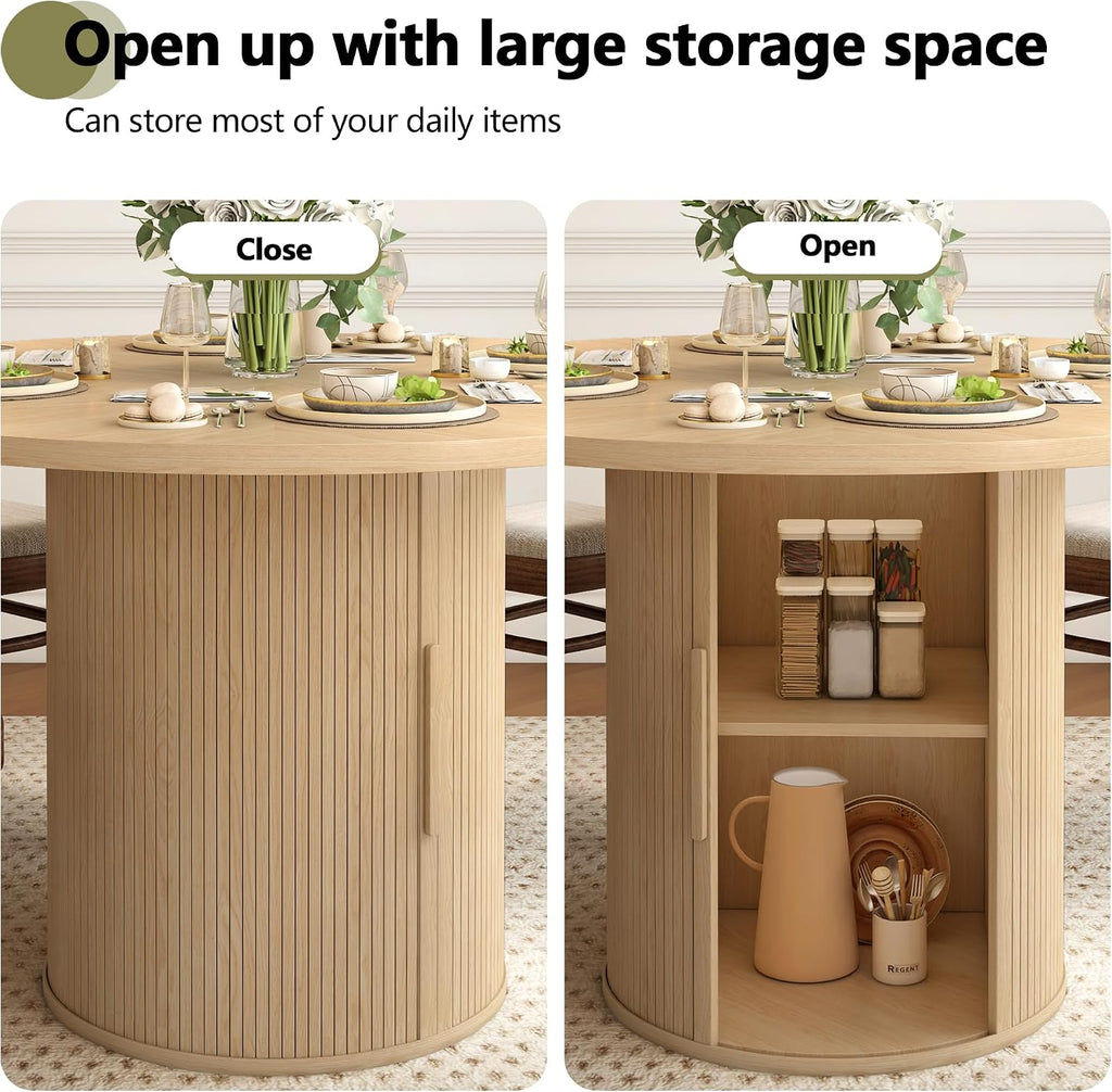 weselon 47 inch Round Dining Table for 4, Kitchen Table Dinner Table with 2-Layer Storage Shelf and Wood Slide Door for Home Dining Room Living Room (Natural)