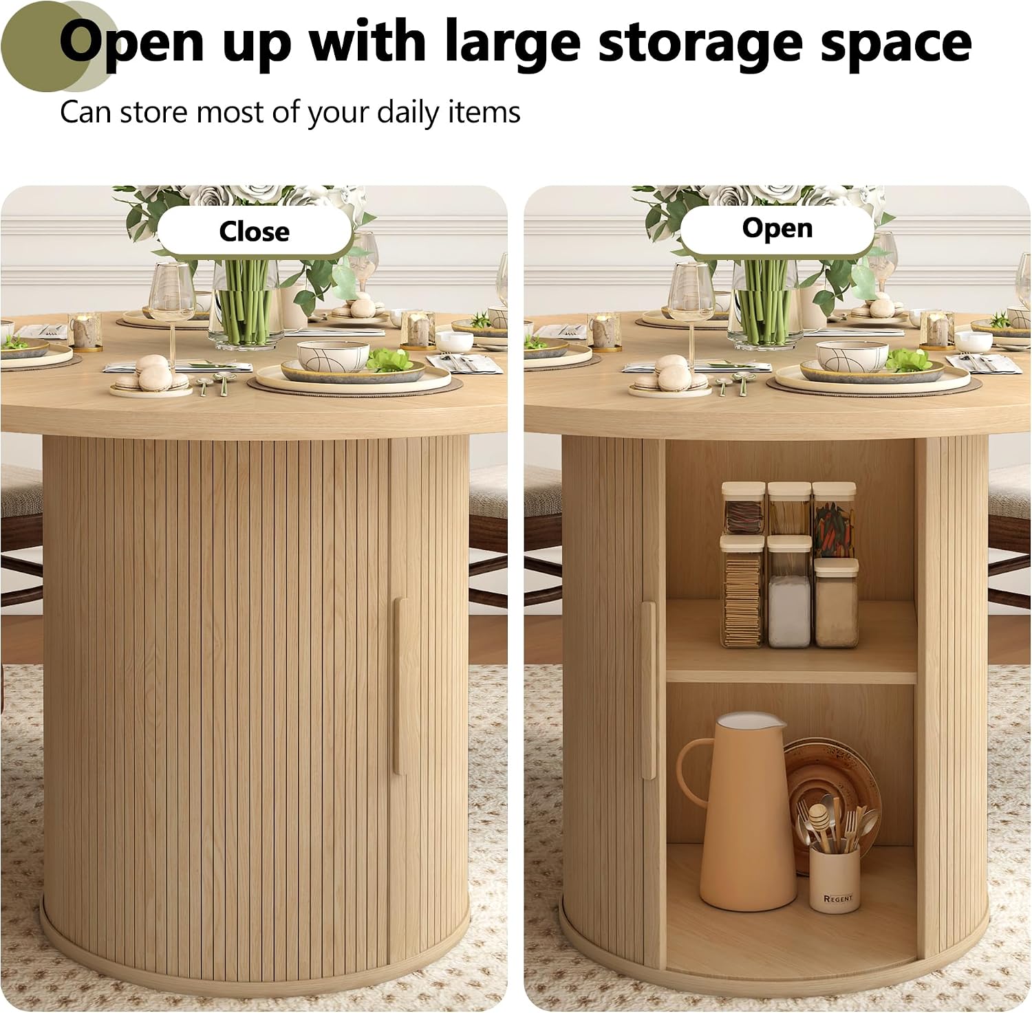weselon 47 inch Round Dining Table for 4, Kitchen Table Dinner Table with 2-Layer Storage Shelf and Wood Slide Door for Home Dining Room Living Room (Natural)