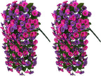 HyeFlora Artificial Fake Hanging Flowers Plants for Outdoor Outside, 2PCS Faux Silk Morning Glory Trailing Vines UV Resistant Look Real for Home Planter Porch Patio (Dark Purple and Fuchsia)