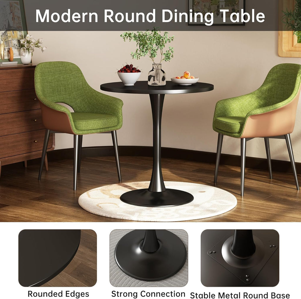 Round Dining Table 31.5" Circle Tulip Table with Wood Thickened Tabletop & Sturdy Metal Pedestal Mid Century Modern Leisure Bistro Kitchen Tables 4 People Small Places Living Room Cafe,Black