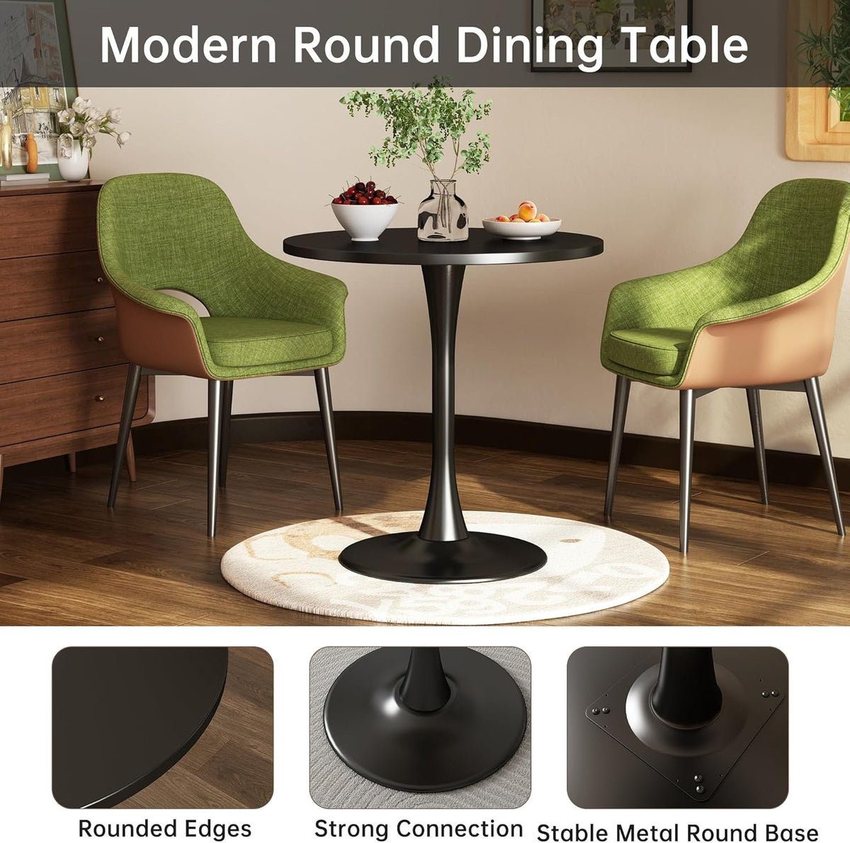 Round Dining Table 31.5" Circle Tulip Table with Wood Thickened Tabletop & Sturdy Metal Pedestal Mid Century Modern Leisure Bistro Kitchen Tables 4 People Small Places Living Room Cafe,Black