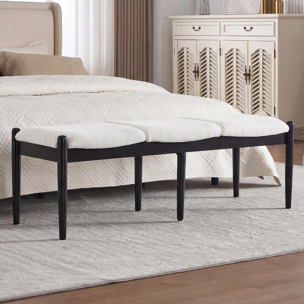 CIMOTA Modern Linen End of Bed Bench, Upholstered Bedroom Ottoman Bench Entryway Bench for Hallway/Dress Room/Living Room, Window Ottoman Bench with Solid Wood Legs, 54 Inch Long, White