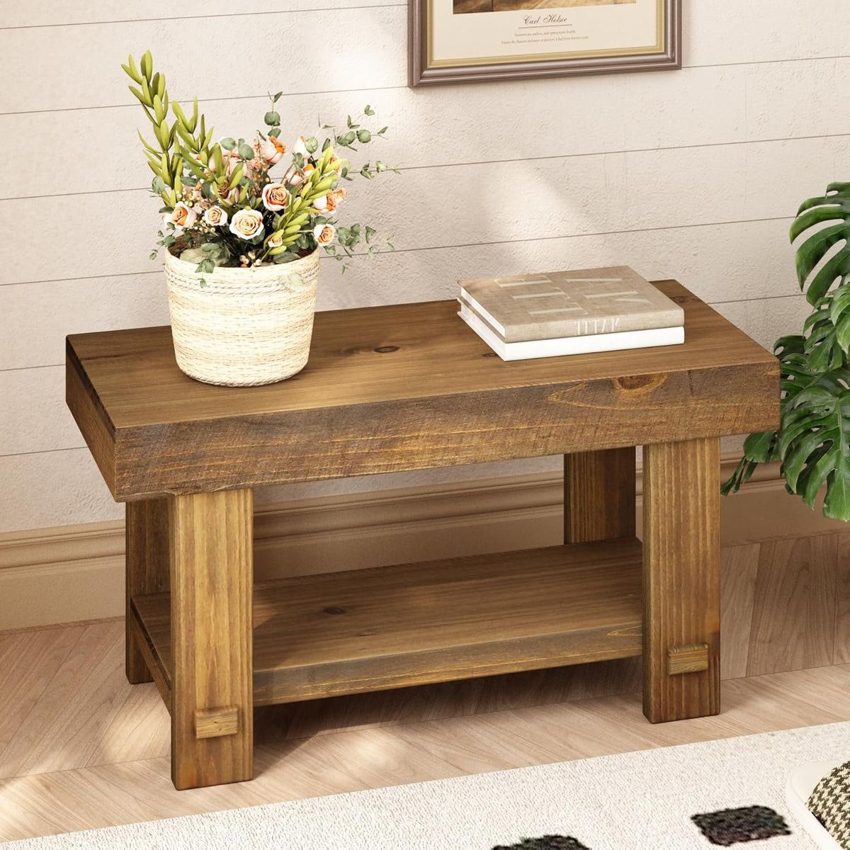 HOKYHOKY Solid Wood Entryway Bench - 31.5" Farmhouse Small Storage Benches, Narrow Bench Seat for Indoor, Entryway, Dining Room, Living Room and Hallway, Rustic Natural