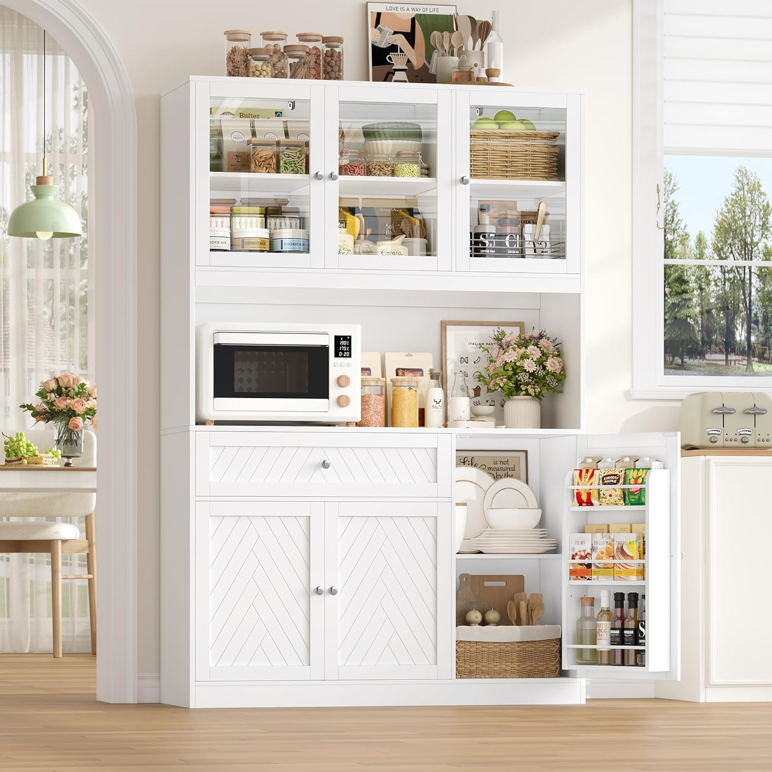 BOTLOG 72” Tall Kitchen Pantry Storage Cabinet, Modern White Kitchen Hutch with Large Storage Drawer, Countertop, Adjustable Shelves, Food Pantry Cabinets for Dining Room, Living Room