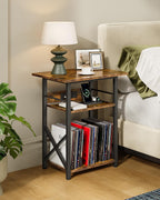 CHOEZON Record Player Stand with Power Outlet, Vinyl Record Storage Side Table, 19" Large Tabletop, Charging Station & Crossed Frame Design for Turntable, Rustic Brown and Black TBZ48UBF