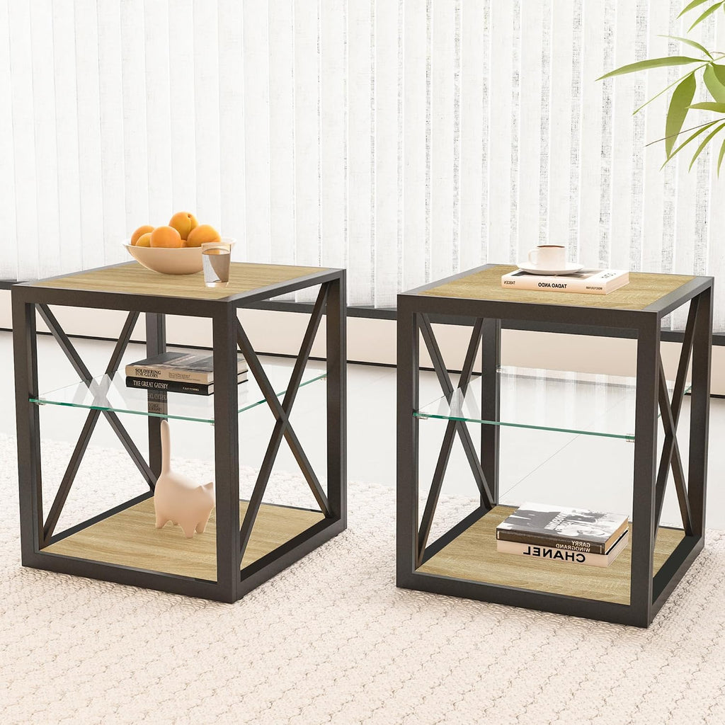 Modern End Table Set of 2 for Living Room 17.7" Bedroom Nightstand, Tempered Glass Shelf & Rustic Wood MDF Top Square Side Tables 2 Pack, Industrial Natural