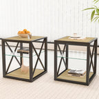 Modern End Table Set of 2 for Living Room 17.7" Bedroom Nightstand, Tempered Glass Shelf & Rustic Wood MDF Top Square Side Tables 2 Pack, Industrial Natural