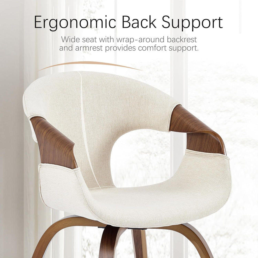 Zouron Mid-Century Swivel Dining Chair, Fabric Upholstered Accent Chairs with Bentwood Arms & Legs, Padded Armchair with Backrest for Kitchen, Dining Room, Living Room, Beige