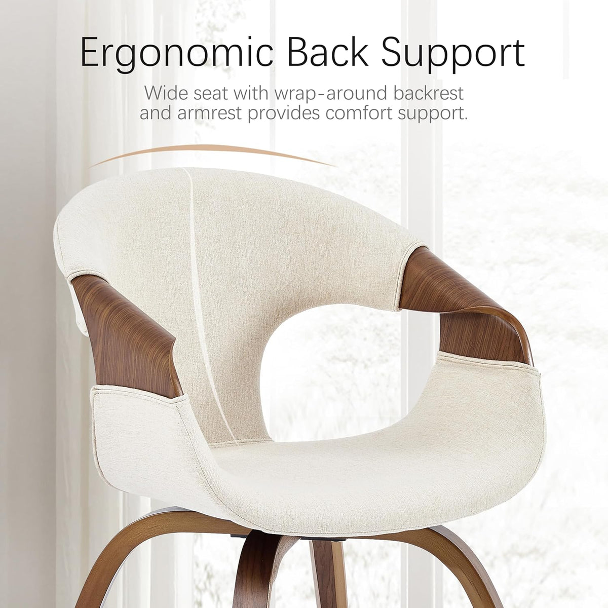 Zouron Mid-Century Swivel Dining Chair, Fabric Upholstered Accent Chairs with Bentwood Arms & Legs, Padded Armchair with Backrest for Kitchen, Dining Room, Living Room, Beige