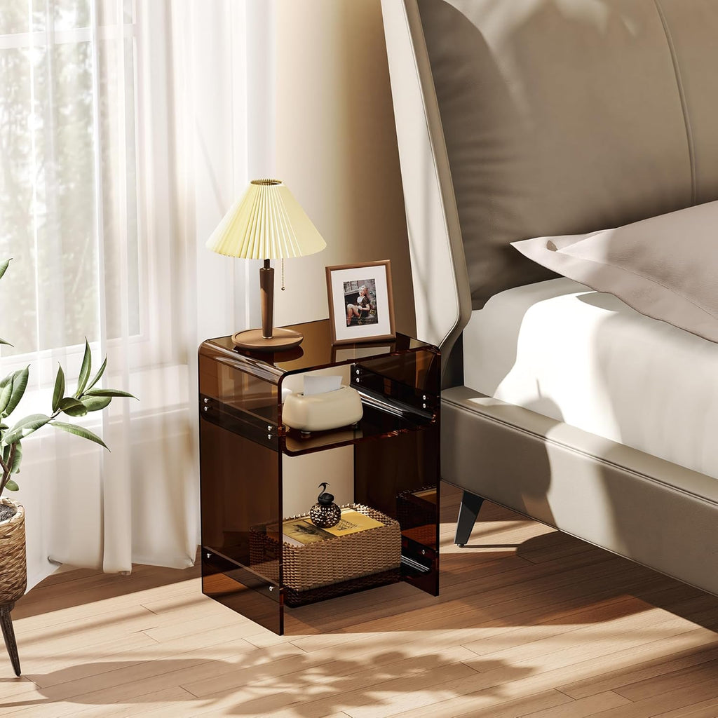Acrylic Record Player Table with Storage Shelf, Clear Side Table Nightstand (Dark Brown, Medium)