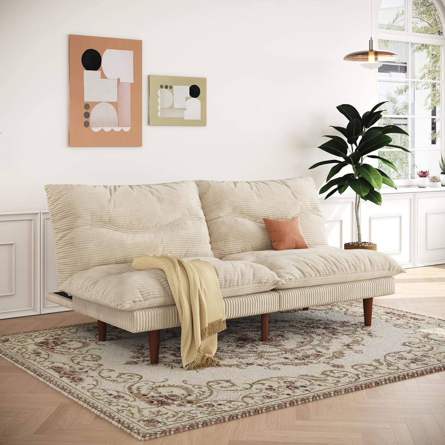 DreamDashio Futon Sofa Bed, 69'' Futon Couch with Adjustable Backrest, Folding Sleeper Recliner, Corduroy Convertible Sleeper Sofa Bed for Apartment, Living Room, Office, Beige
