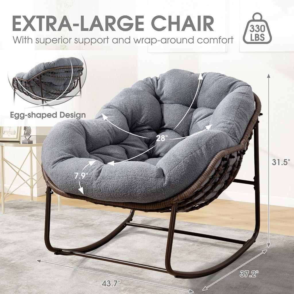 Oversized Papasan Rocking Chair - Outdoor Luxury Egg Chair Indoor Rattan Comfy Rock Chair with Cushion for Patio Garden Porch Lounge Lawn Bedroom Living Room (Grey Teddy)