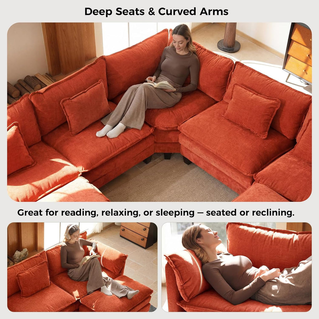 ELUCHANG 114" Oversized Modular Sectional Sofa, Comfy Chenille Cloud Couch, 7-Seater V Shaped Modern Deep Seat Sofa w/Removable Covers for Living Room, Bedroom, DIY Combination - Terracotta