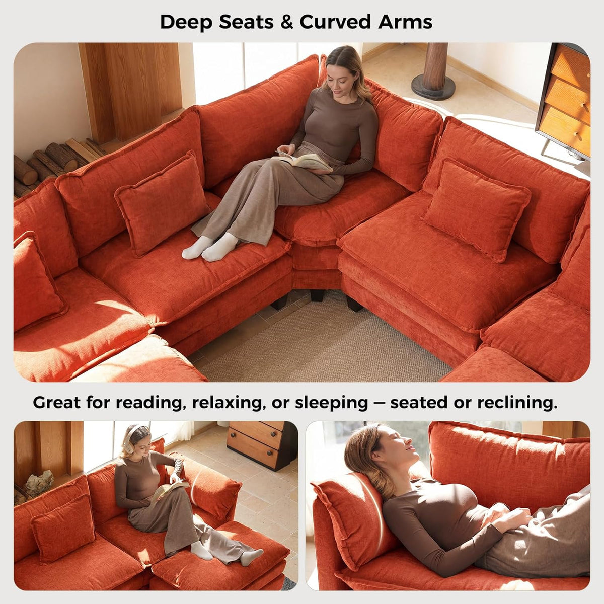 ELUCHANG 114" Oversized Modular Sectional Sofa, Comfy Chenille Cloud Couch, 7-Seater V Shaped Modern Deep Seat Sofa w/Removable Covers for Living Room, Bedroom, DIY Combination - Terracotta