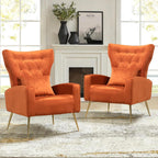 Mid-Century Accent Chairs Set of 2, Wingback Chair with Arm & Gold Legs, Living Room Bedroom Side Chair with Lumbar Pillow, Velvet Upholstered, Button-Tufted, Orange