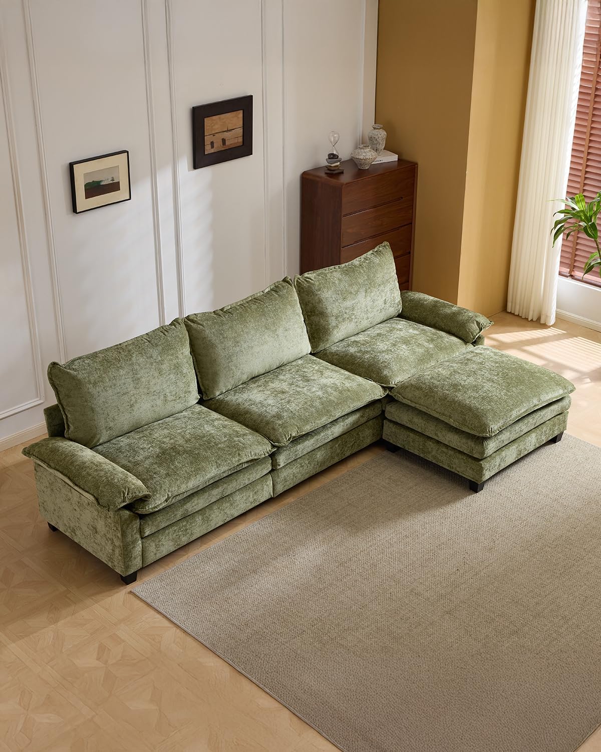 Karl home 122" 3-Seat L-Shaped Sectional Couch, Green | Movable Ottoman, Chenille Upholstered, Dual Padded, Wide Armrests, Washable Covers, For Living Room, Apartment, Office