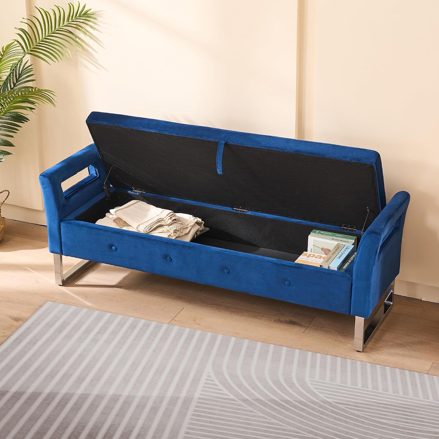 GDFStudio Velvet Storage Bench with Hidden Compartment - Upholstered Ottoman for Entryway, Bedroom, Living Room - Soft Foam Cushion, Sturdy Silver Metal Legs, Easy Assembly - Navy Storage Seat