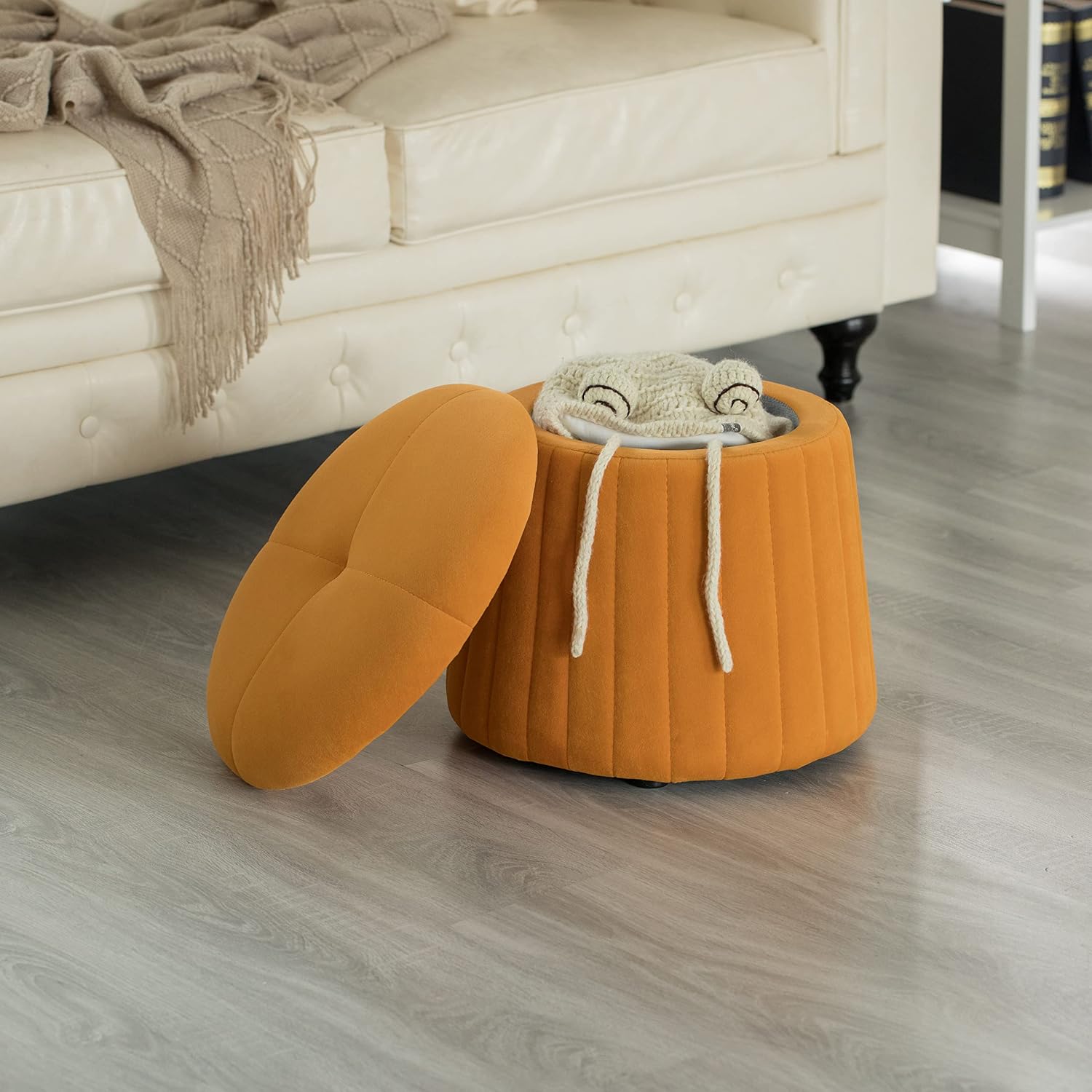Fabulaxe Modern Tufted Velvet Mushroom Shape Storage Ottoman Storage Stool Trunk, Mustard Yellow