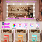 CollaredEagle 45" Large White Vanity Desk with Vibrant RGB Lighting. | 11 Hollywood Style Bulbs, 11 Drawers, Power Outlet, Hair Dryer Holder, Cushioned Stool, Tempered Glass